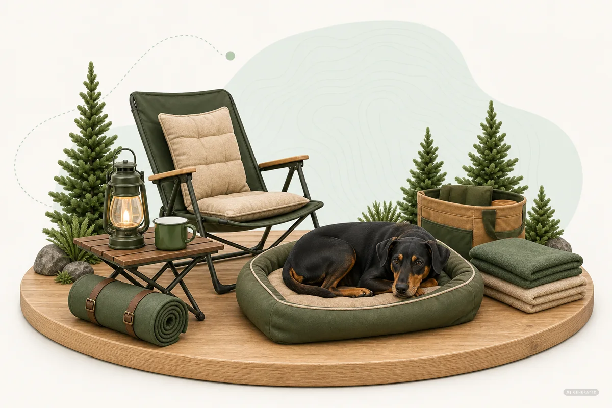 Glamping-Komfort für Mensch und Hund Komfortables Glamping-Set mit Hundebett für Deutschen Pinscher Emmi