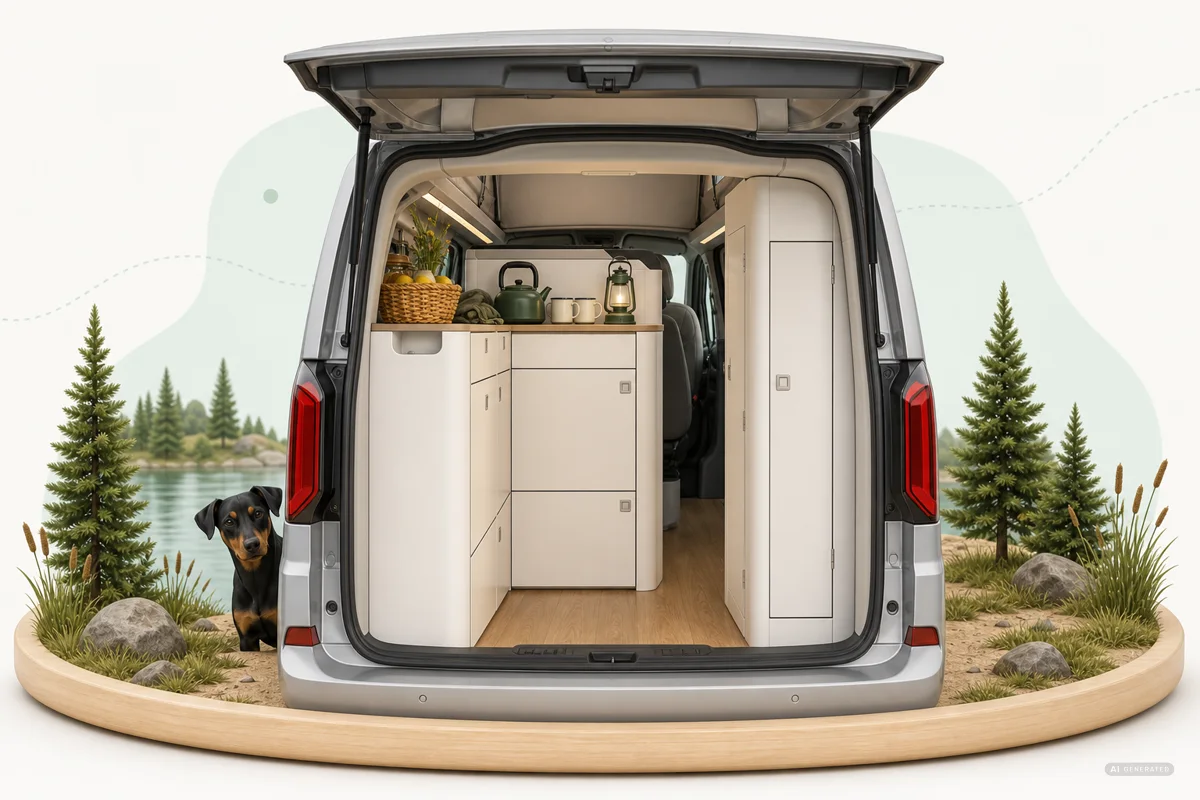 Ford Nugget Heckküche beim Camping am Wasser Heckküche im aktuellen Ford Nugget ohne Kennzeichen mit Deutschem Pinscher Emmi
