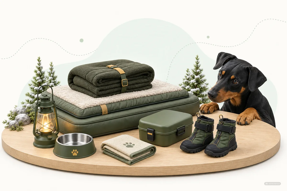 Warme Winterausrüstung für Camping mit Hund Winterausrüstung für Camping mit Deutschem Pinscher Emmi