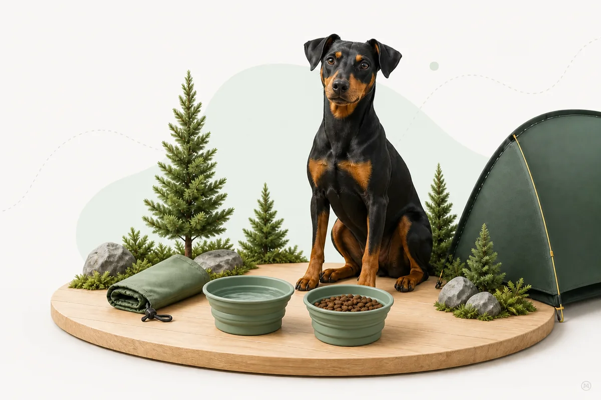 Emmis faltbare Hundenäpfe im PFAHL 3D-Diorama Zwei einzelne faltbare Hundenäpfe mit Deutschem Pinscher Emmi im PFAHL 3D-Diorama