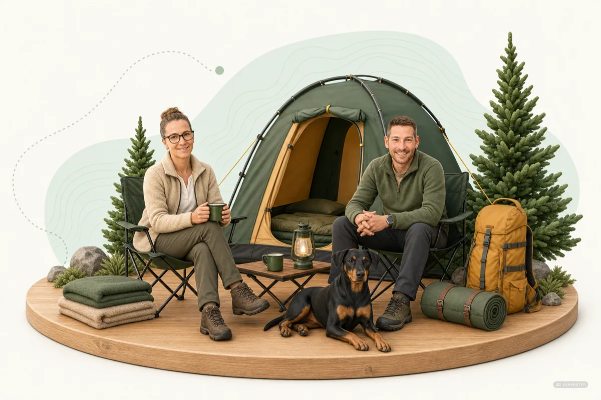 Glamping mit Tine, Dirk und Emmi im PFAHL 3D-Diorama Tine, Dirk und Deutscher Pinscher Emmi beim Glamping im PFAHL 3D-Diorama