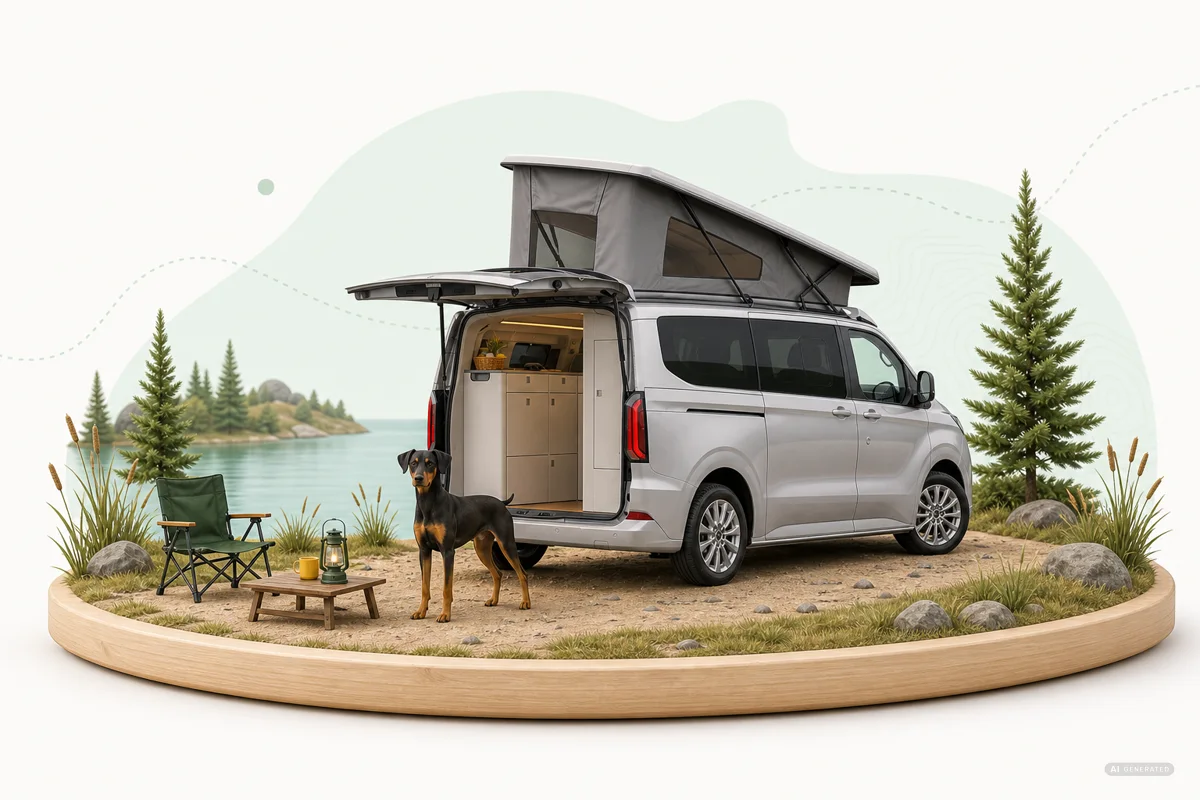 Ford Nugget und Emmi am Wasser im PFAHL 3D-Diorama Aktueller Ford Nugget ohne Kennzeichen mit hinten hohem Aufstelldach und Deutschem Pinscher Emmi