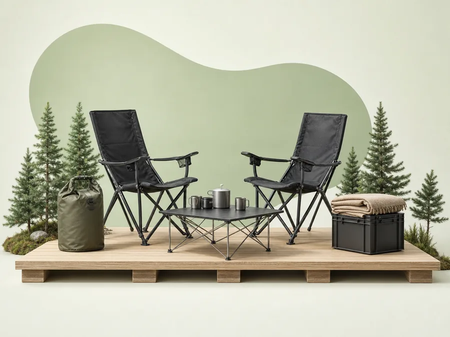 Outdoor-Komfort Campingstühle, Tisch und Outdoor-Ausrüstung als heller Produkt-Render