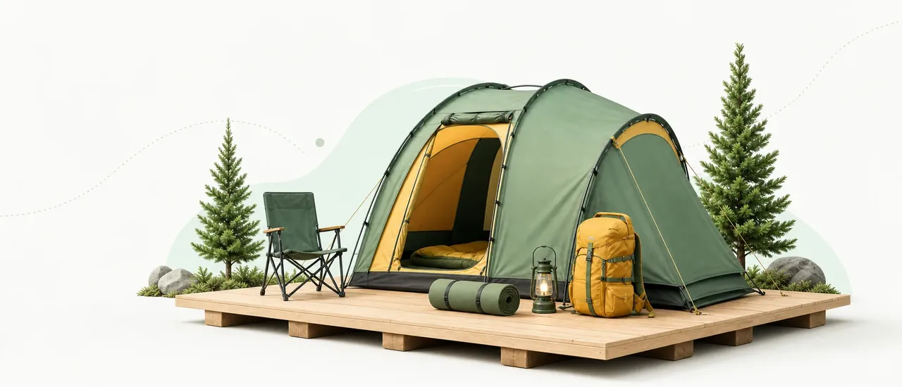 Helles Camping-Set mit grün-gelbem Familienzelt, Rucksack, Campingstuhl und Laterne auf einem Holzpodest