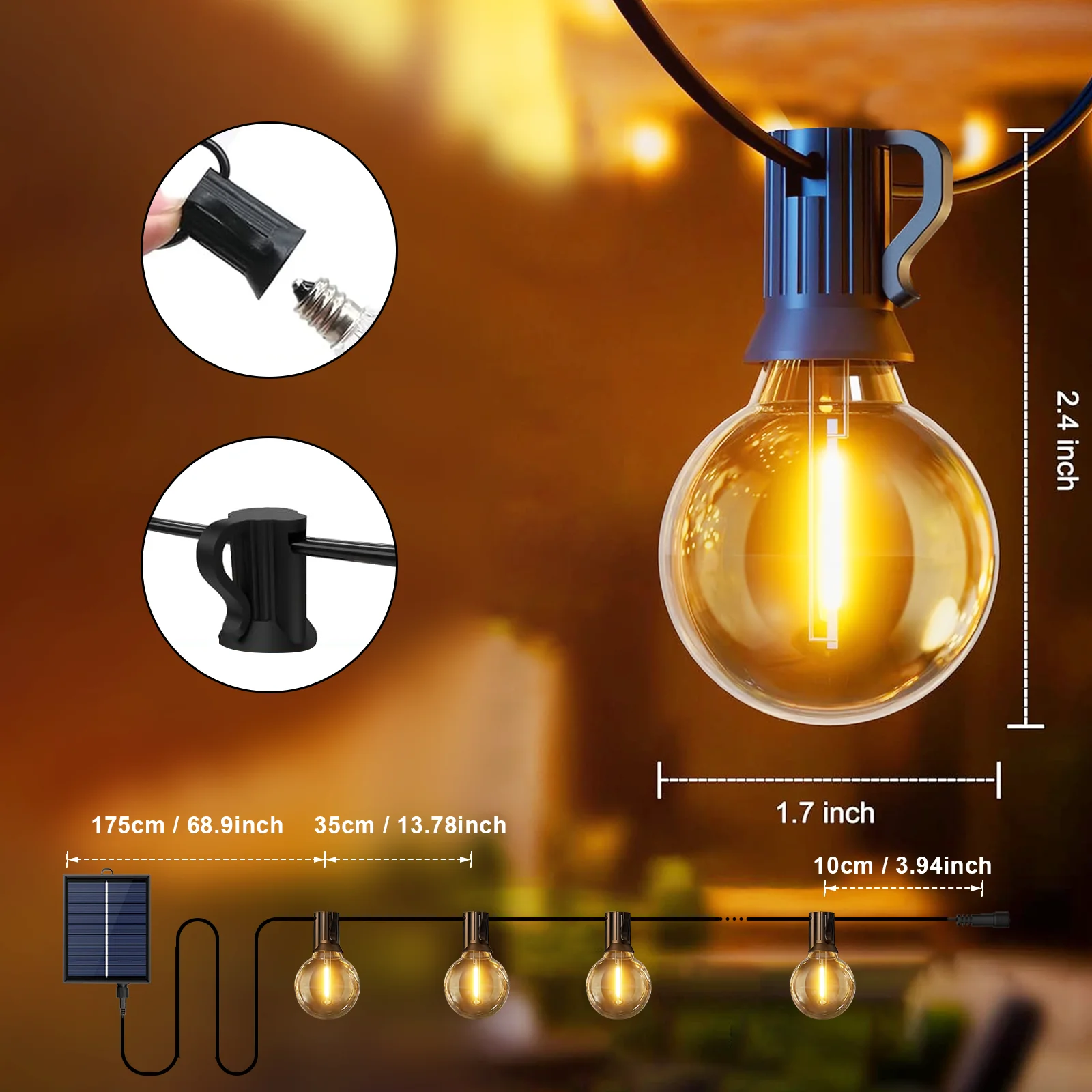 Solar-LED-Lichterkette für den Außenbereich mit Fernbedienung und G40-Laternen – Ansicht 4 Solar-LED-Lichterkette für den Außenbereich mit Fernbedienung und G40-Laternen – Ansicht 4