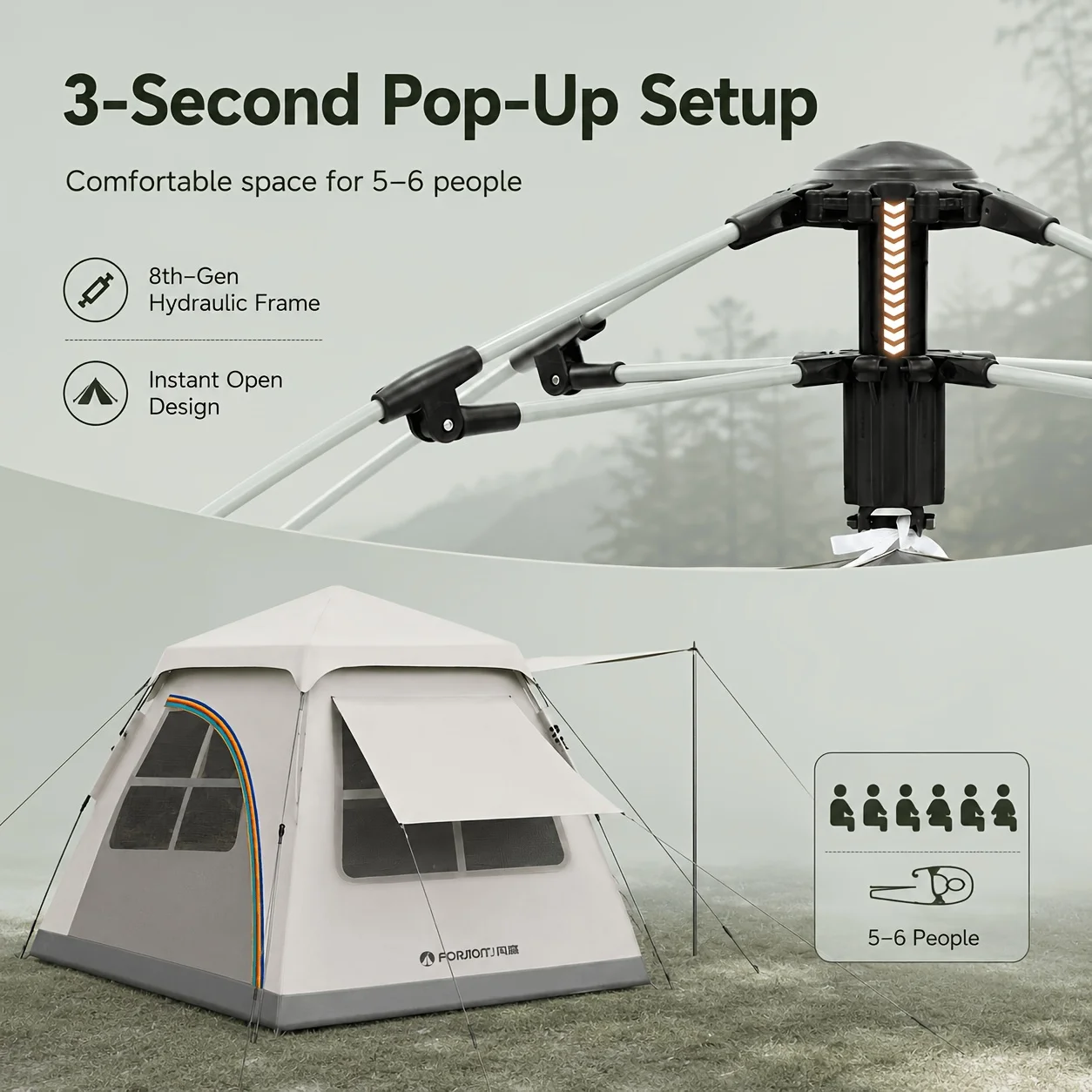 Automatisches 2-in-1 Familien-Pop-up-Zelt mit Sonnendach für 3–5 Personen – Ansicht 8 Automatisches 2-in-1 Familien-Pop-up-Zelt mit Sonnendach für 3–5 Personen – Ansicht 8