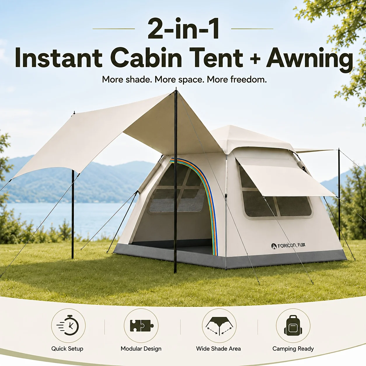 Automatisches 2-in-1 Familien-Pop-up-Zelt mit Sonnendach für 3–5 Personen Automatisches 2-in-1 Familien-Pop-up-Zelt mit Sonnendach für 3–5 Personen