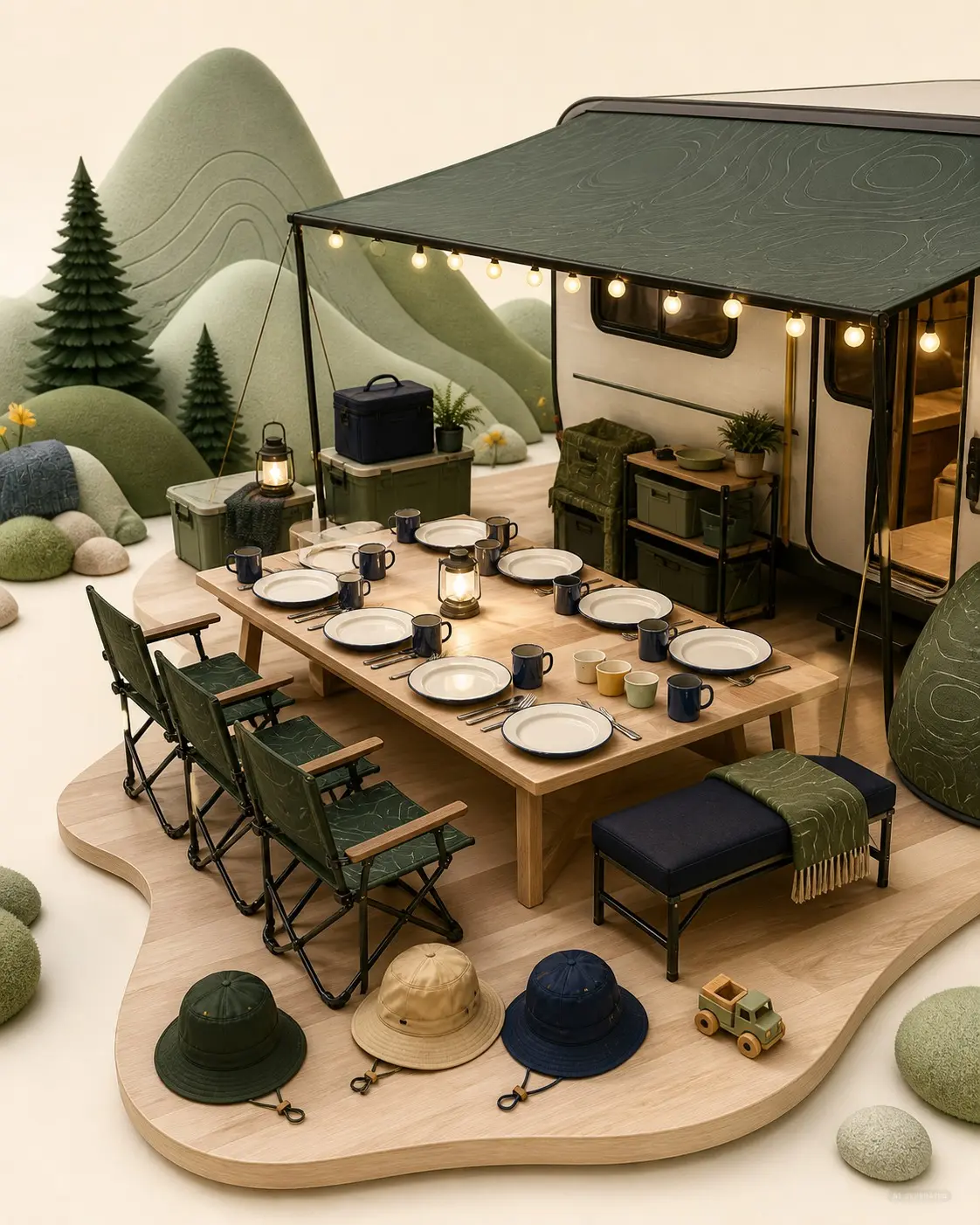 Verspieltes PFAHL-Diorama eines gemeinsamen Campingtischs für sechs Erwachsene und drei Kinder