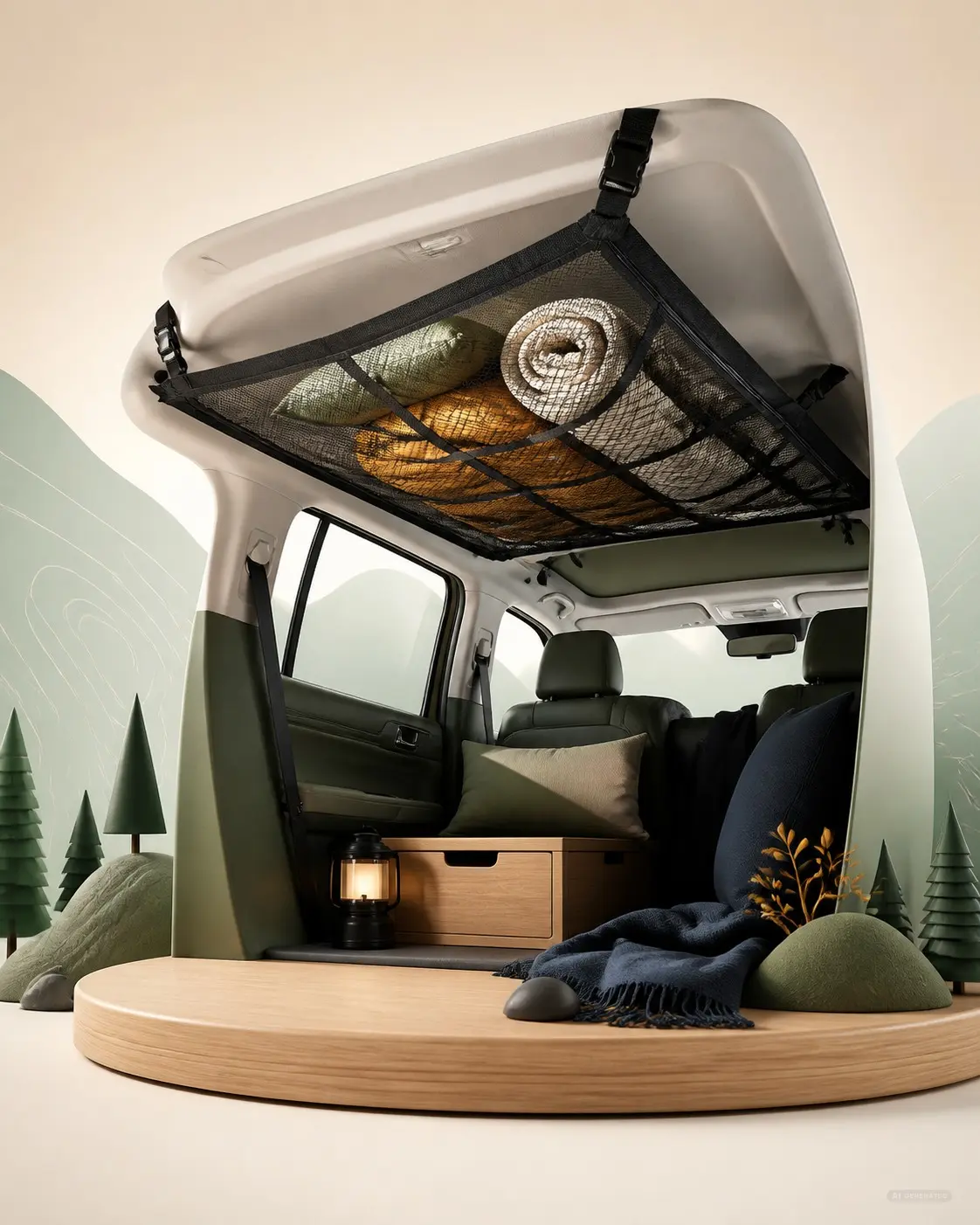 Verspieltes PFAHL-Diorama eines Ford Nugget mit Dachnetz und ordentlich verstautem Campingzubehör