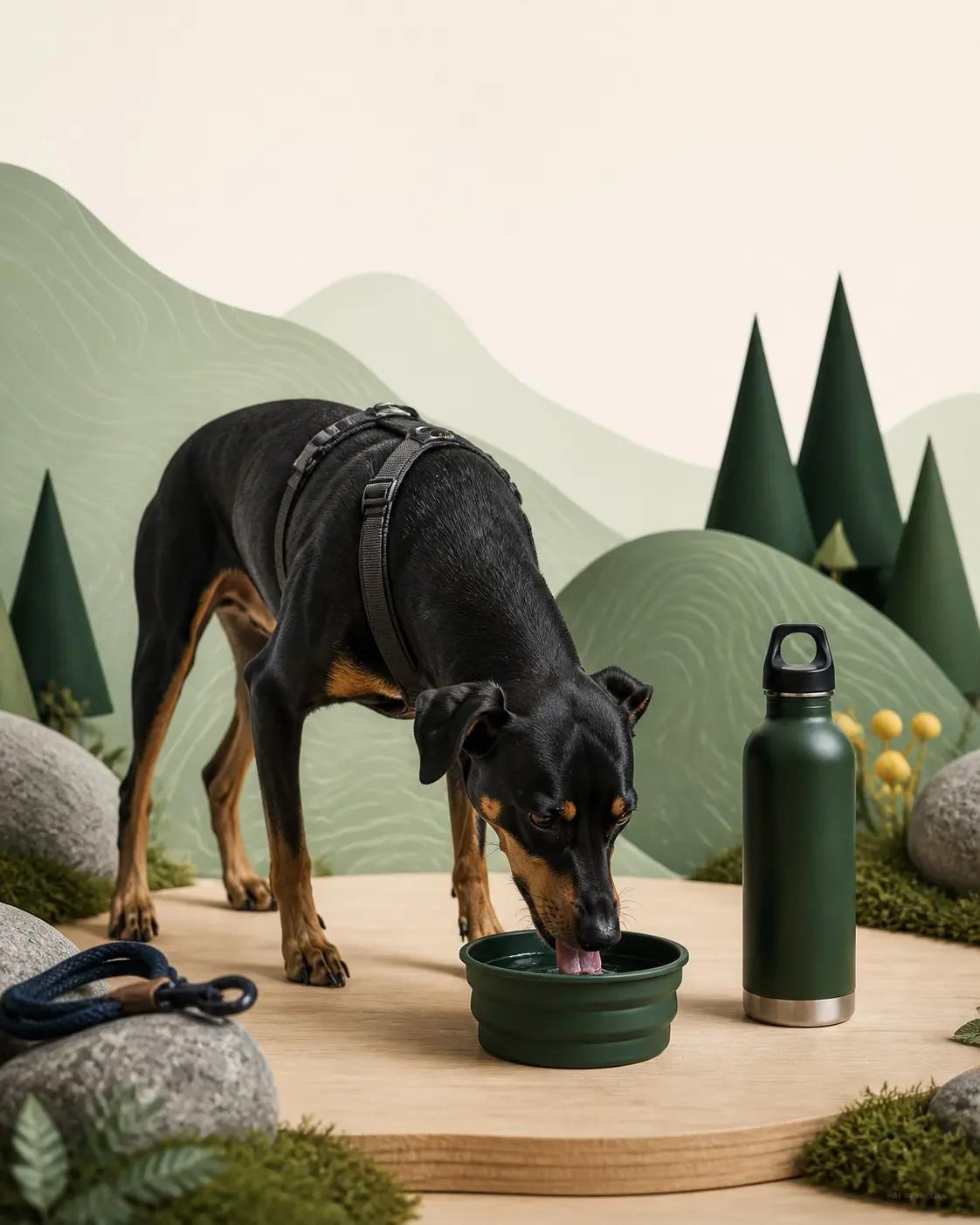 Erwachsener Deutscher Pinscher Emmi neben Wasserflasche und faltbarem Napf im verspielten PFAHL-Stil