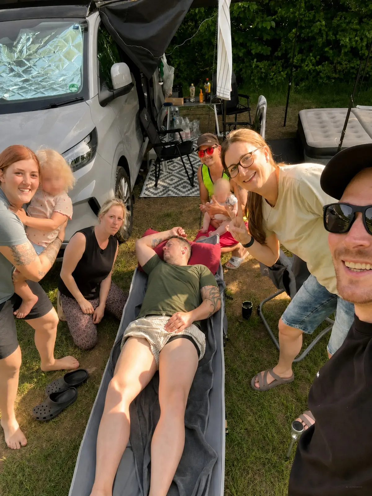 Sechs Erwachsene und zwei der drei mitgereisten Kinder beim Camping; Kindergesichter zum Schutz der Privatsphäre unkenntlich