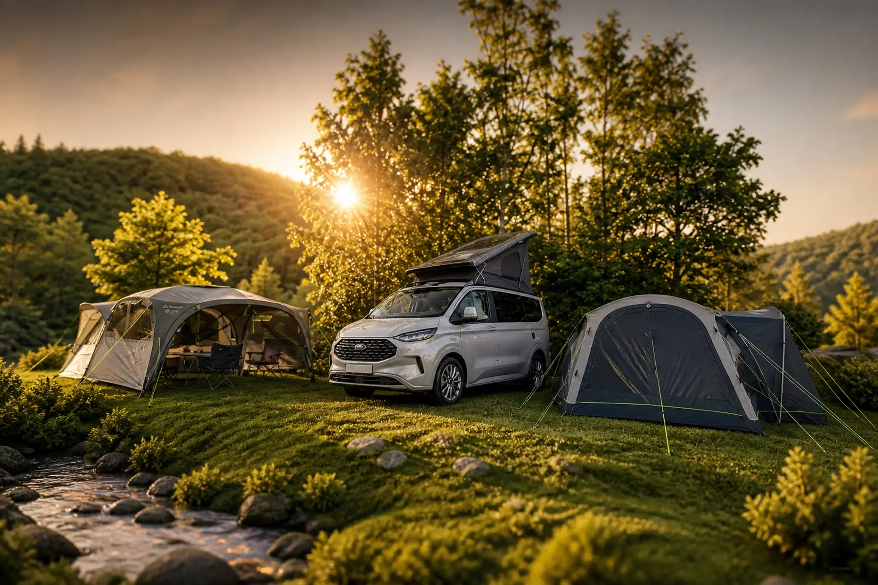 Ford Nugget und Vorzelte auf dem Stellplatz bei Camping Teichmann am Edersee
