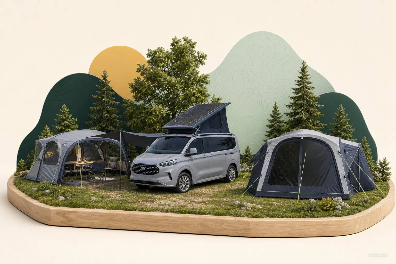 Verspieltes PFAHL-Diorama mit Ford Nugget, Vorzelt und Campingzelt am Edersee