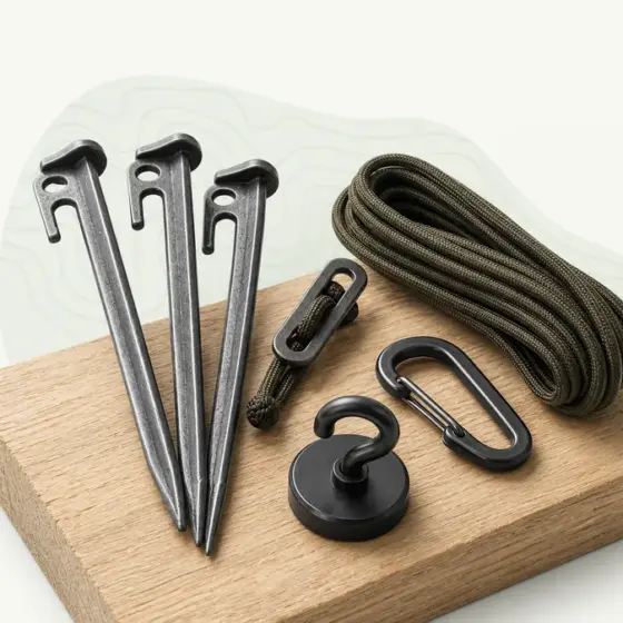 Heringe, Spannseil, Karabiner und Magnethaken im PFAHL 3D-Stil