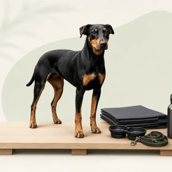 Deutscher Pinscher Emmi mit Campingausrüstung im PFAHL 3D-Stil