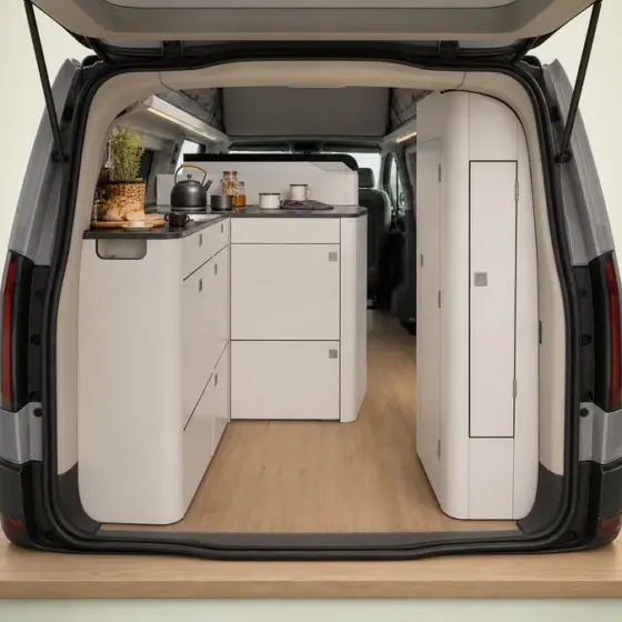 Kompakte Campingküche und Kochzubehör im PFAHL 3D-Stil