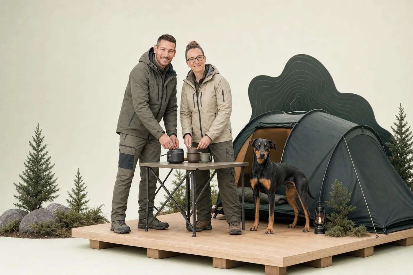 Tine, Dirk und Emmi von PFAHL Tine und Dirk mit ihrer Deutschen Pinscher-Hündin Emmi in einer Camping-Inszenierung